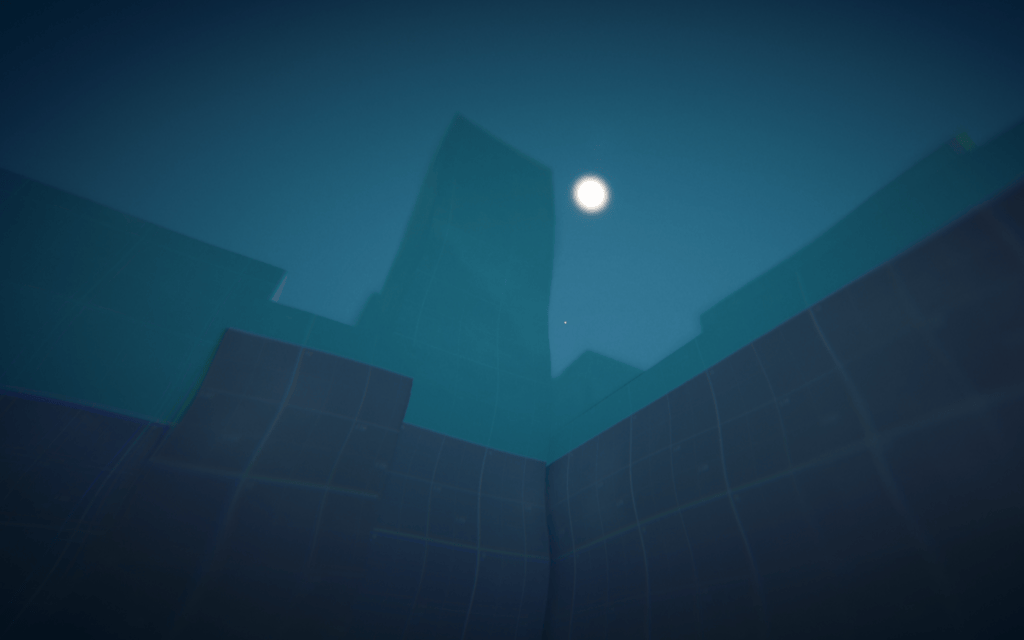 Underwater in Level 1, looking up: the surface as a bright ceiling with the sun and the silhouettes of the blocks