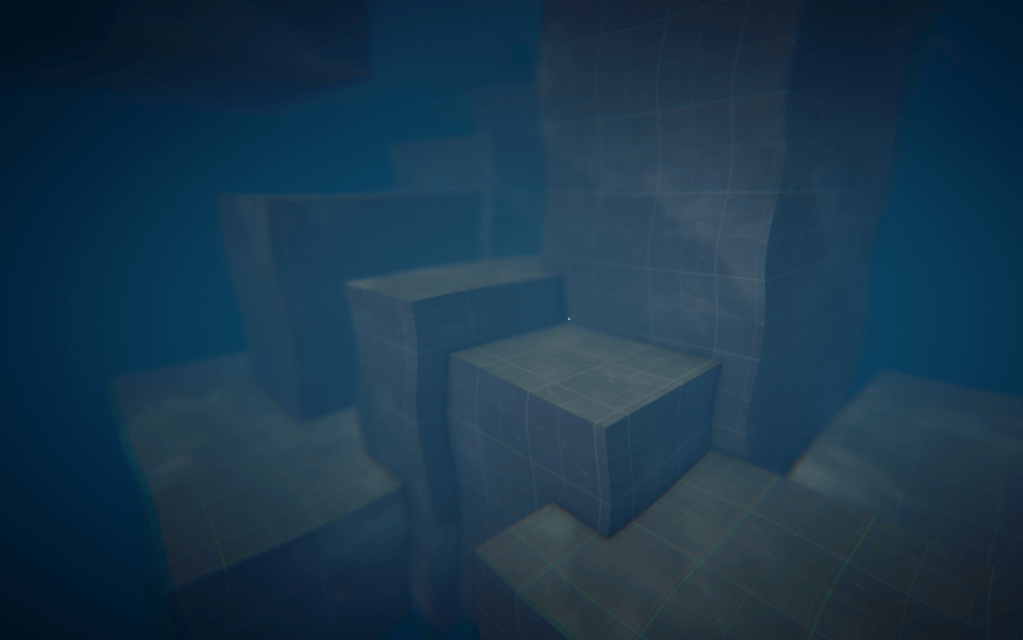 Submerged blocks seen from inside the water, with blue fog and blur