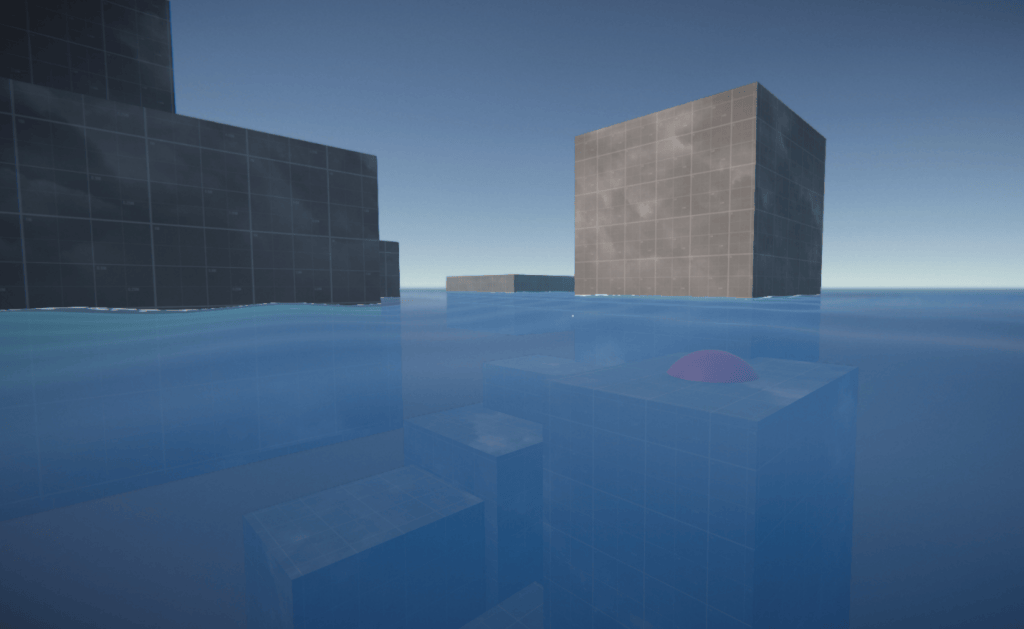 At water level: blocks sticking out of the surface and others submerged, with a button under the water