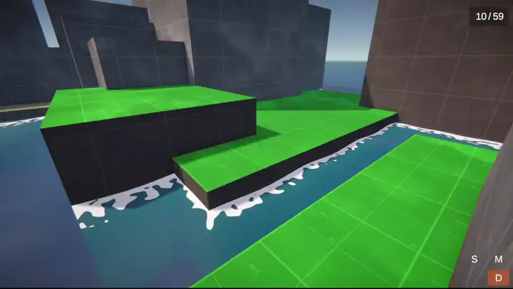 At water level: moving waves and white foam around the blocks