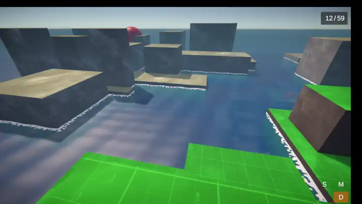 Jumping into the water from a block, diving between submerged blocks and jumping out onto a low block